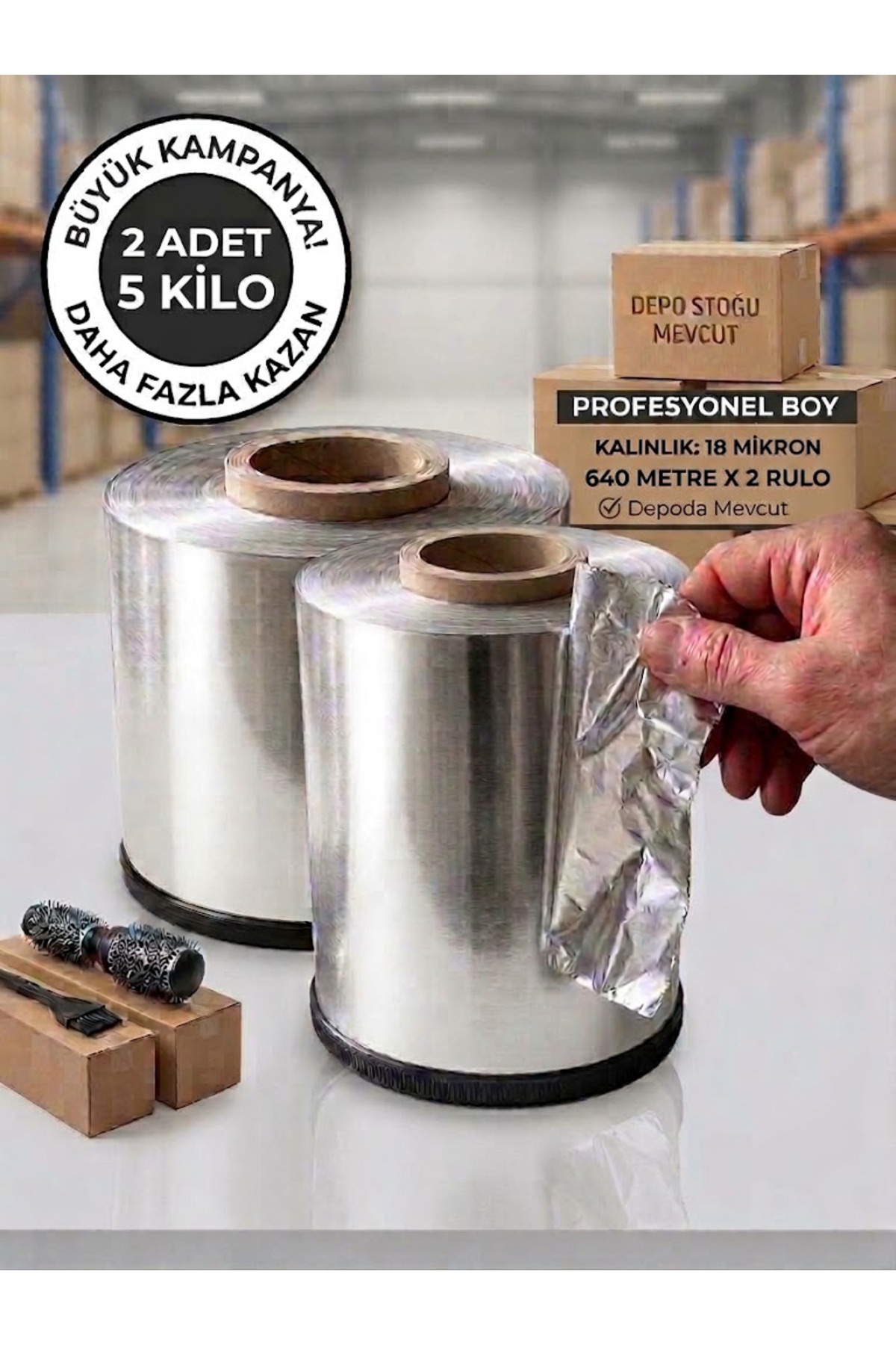 Profesyonel Kuaför Tipi Alüminyum Saç Boyama ve Röfle Folyosu Jelatin 2 Adet 5 kg 5000g 18 mikron 640 metre